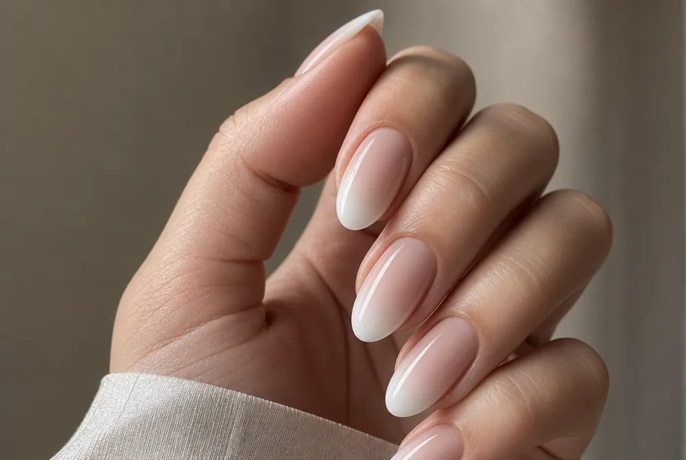 nude to white ombre nails on almond shape