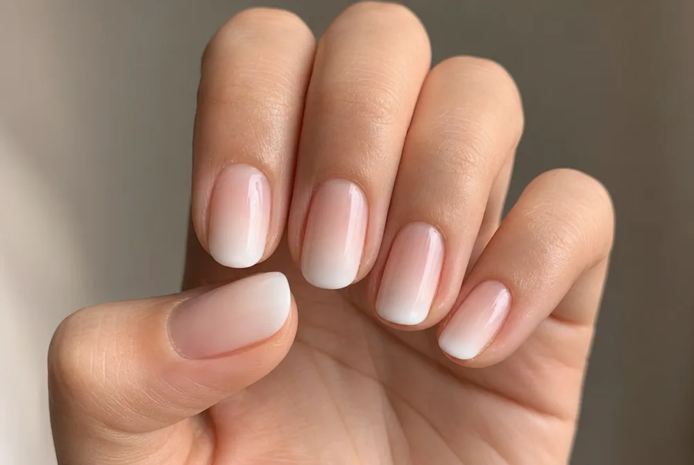 nude to white ombre nails with soft gradient