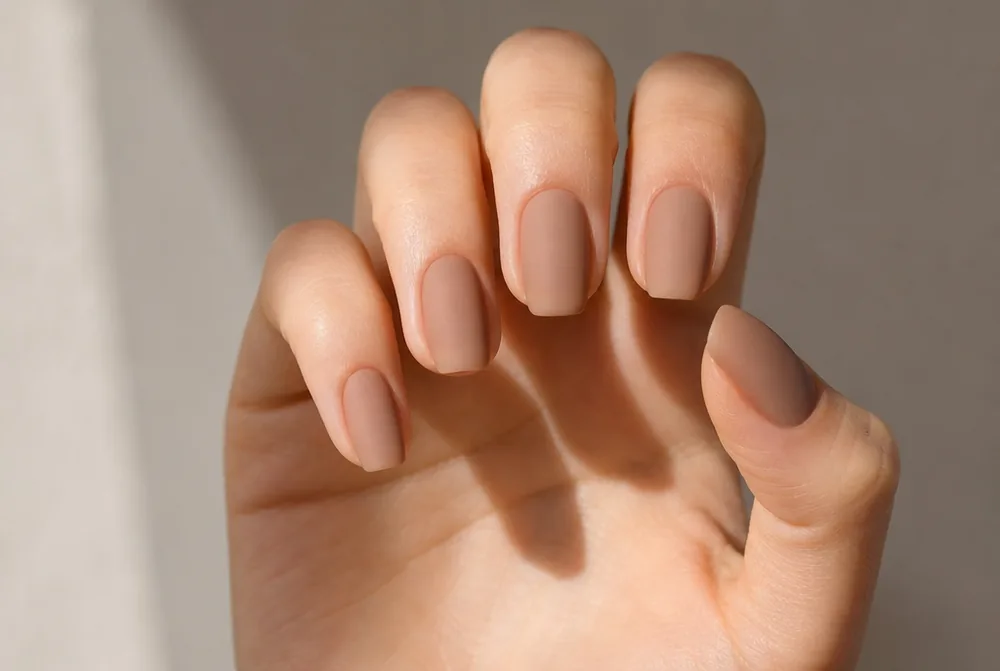 nude velvet matte nails on medium length nails