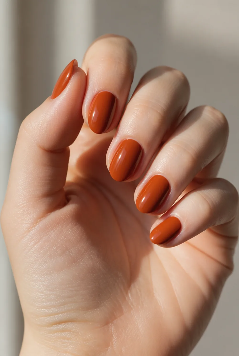 rust nail art on fair skin, short length
