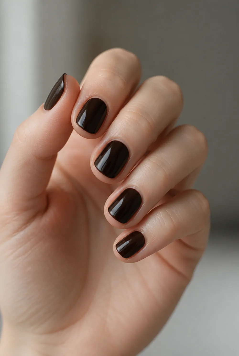 espresso nail art on fair skin, short length