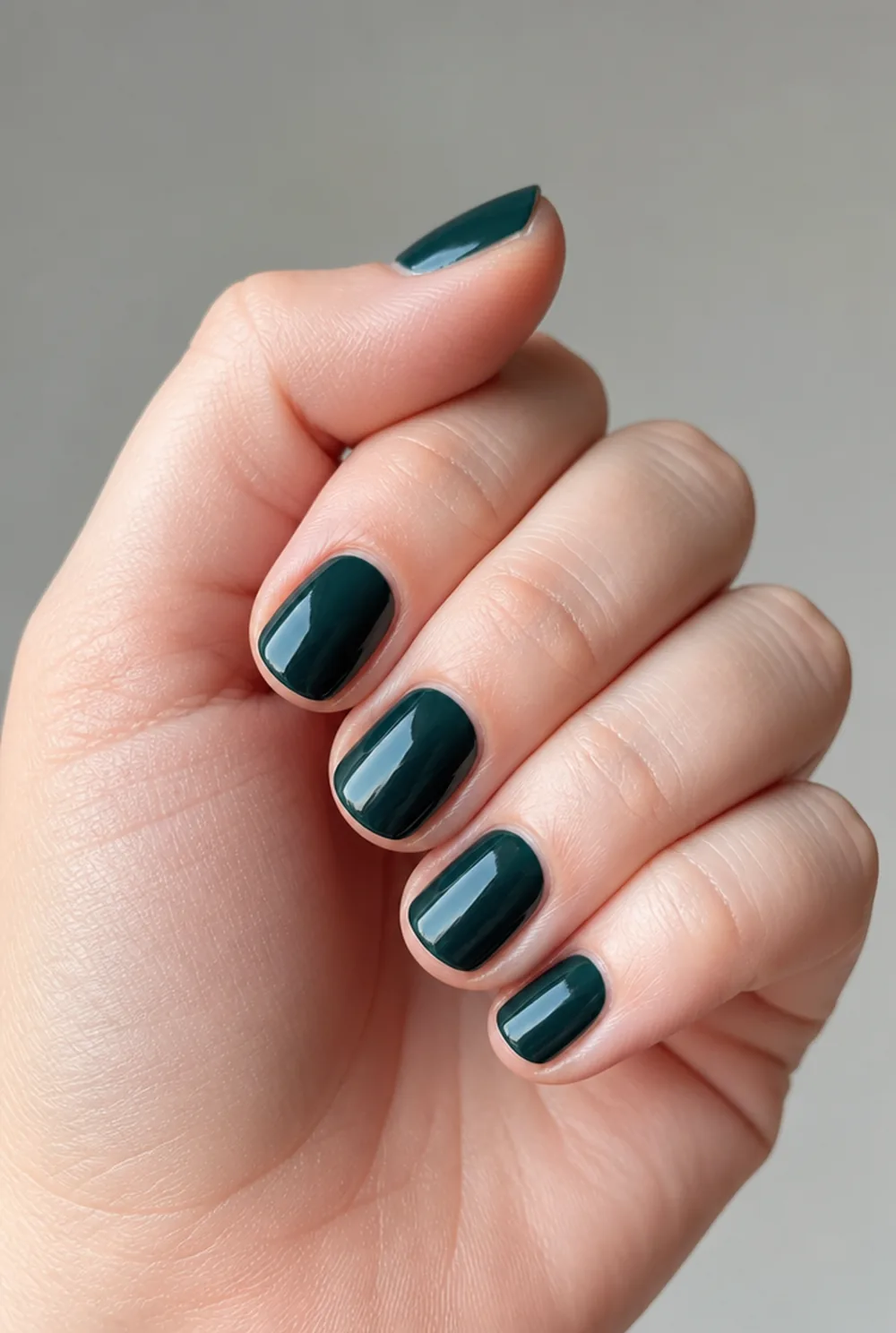forest green nail art on fair skin, short length