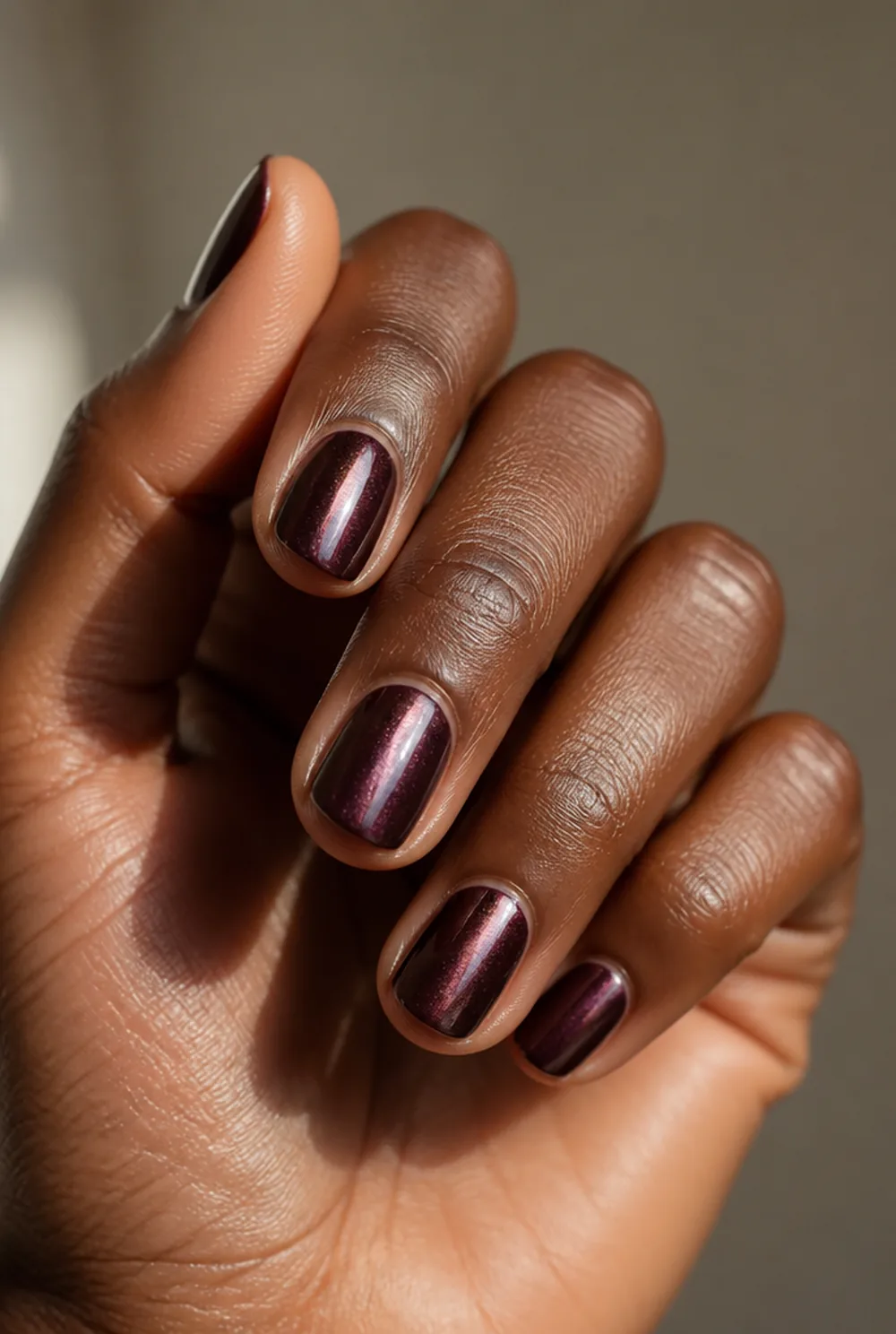 plum cat eye nail art on deep brown skin