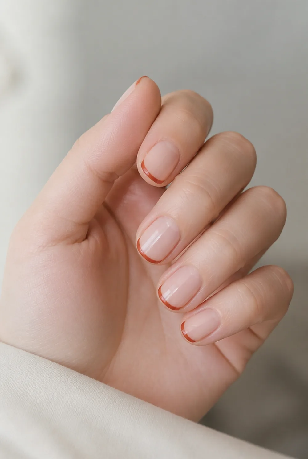 rust french tip nail art on fair skin, short length