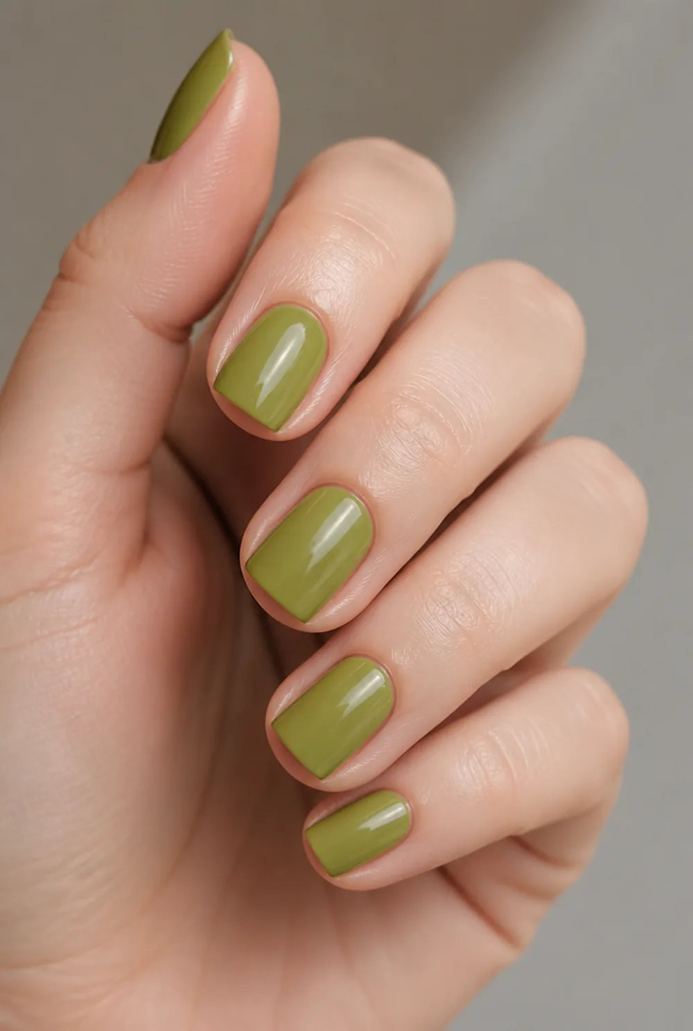 olive nail art on fair skin, short length
