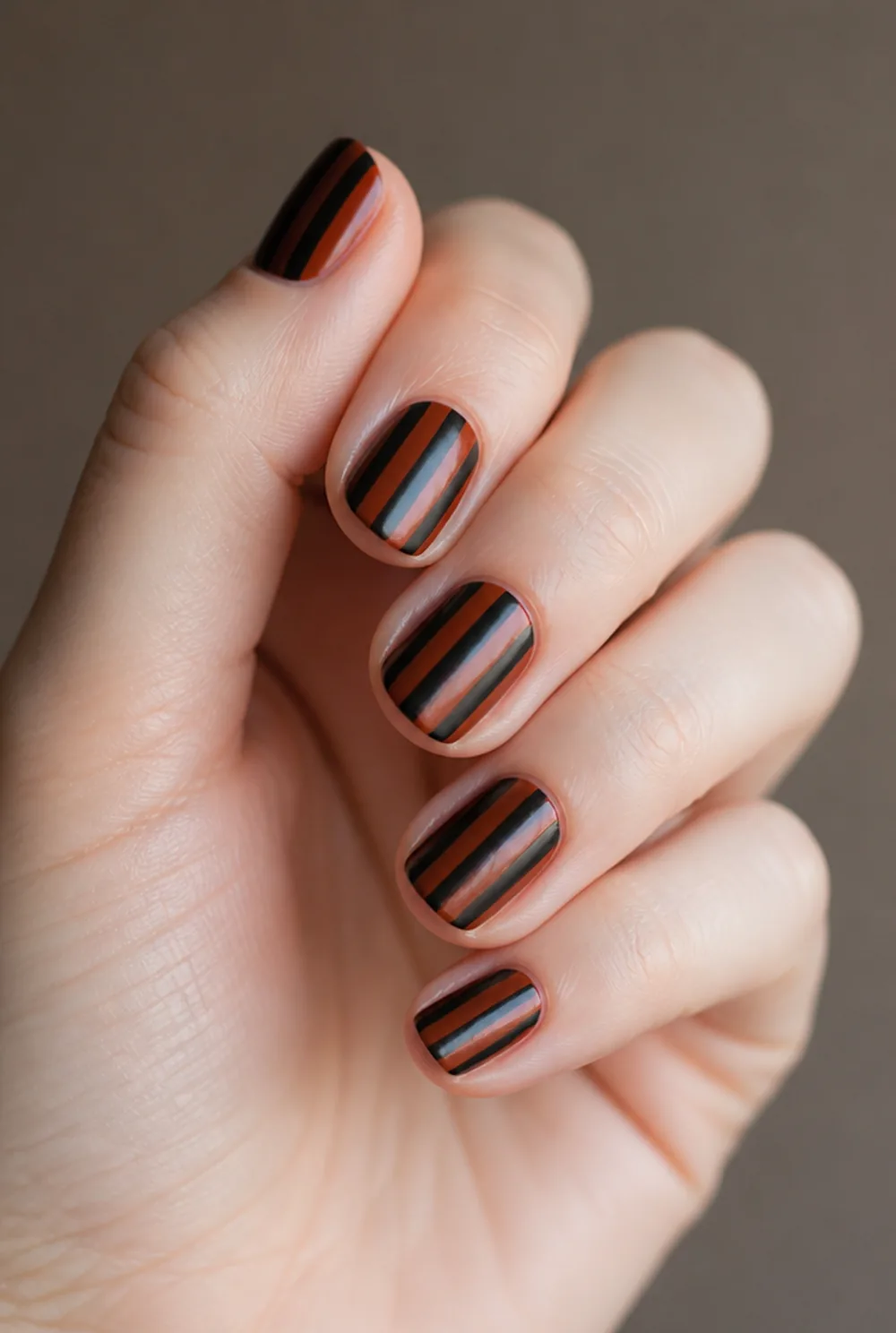 orange and black tonal nail art on fair skin, short length