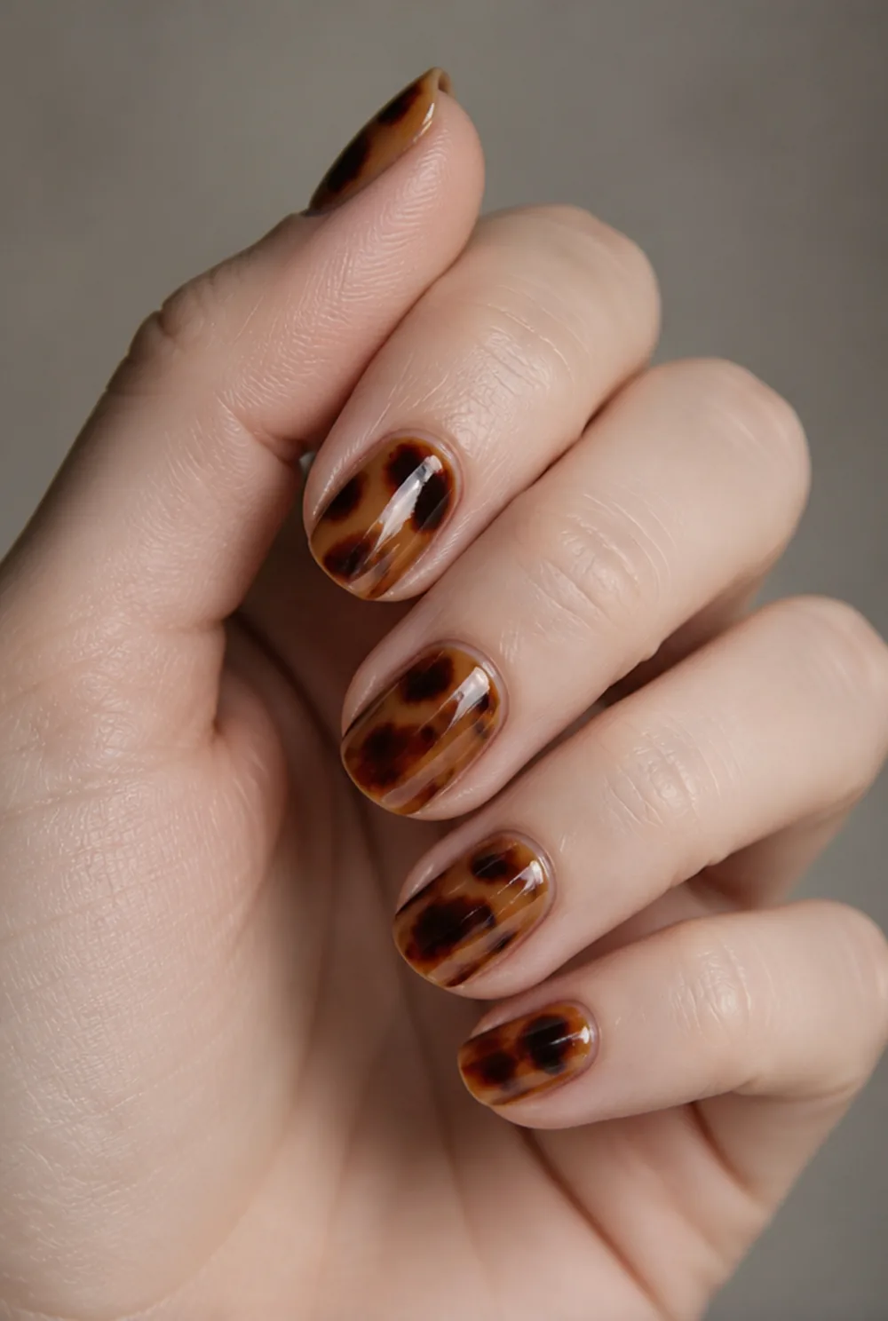 tortoiseshell nail art on fair skin, short length