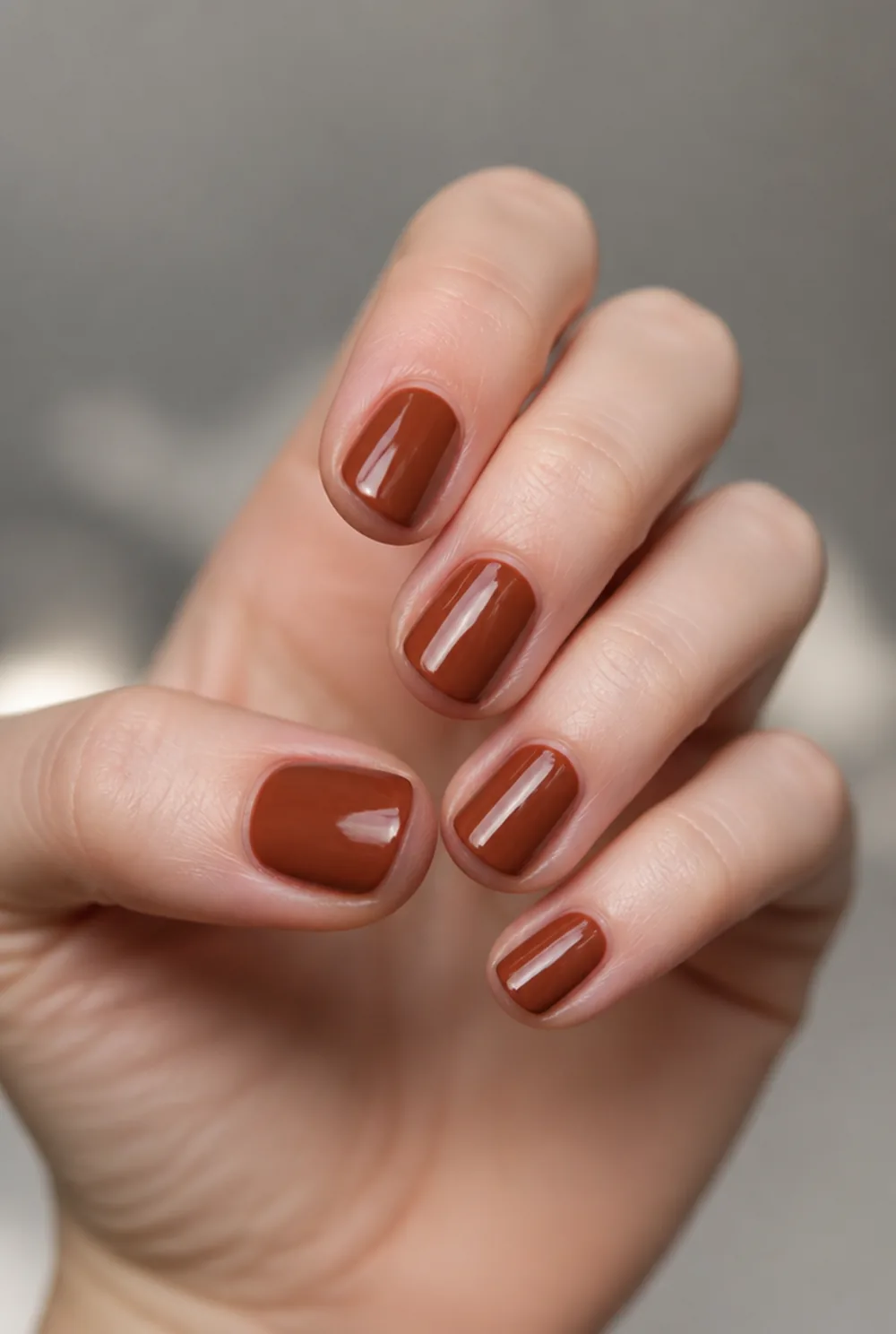 cinnamon nail art on fair skin, short length