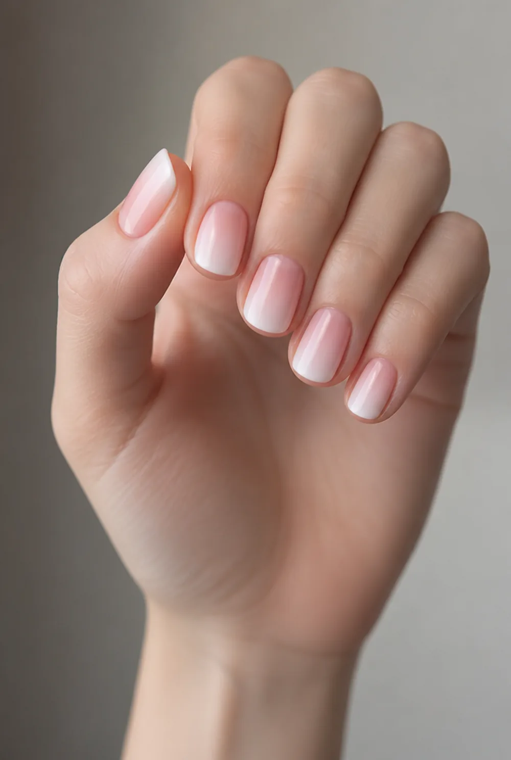 baby boomer nail art on fair skin, short length