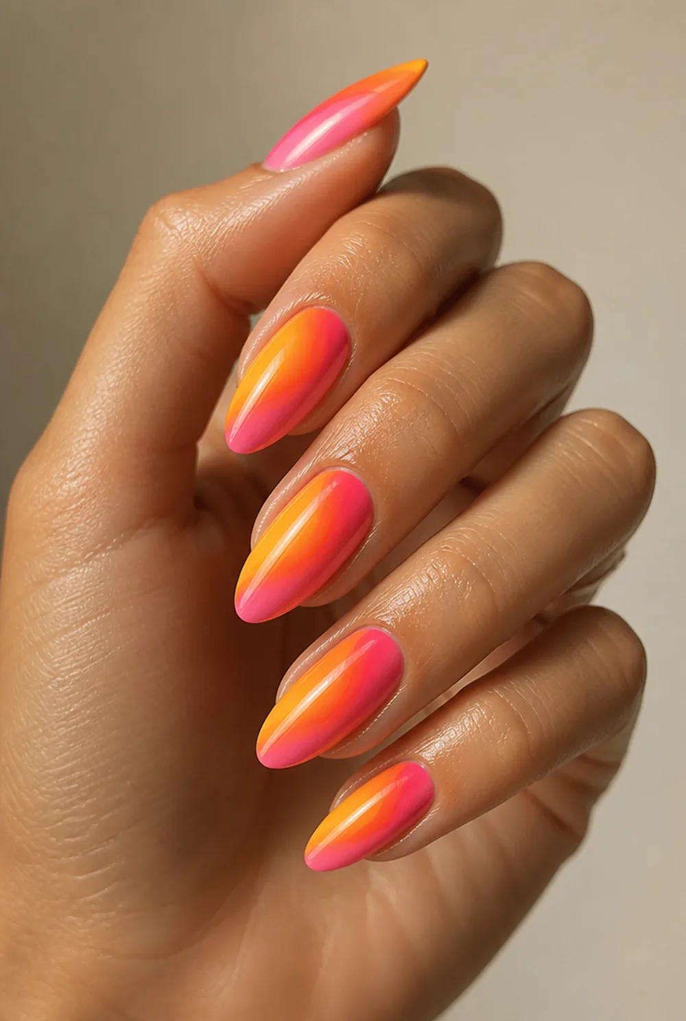 sunset ombre nail art on olive skin, long length