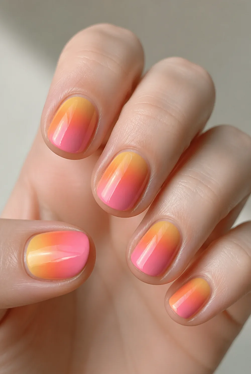 sunset ombre nail art on fair skin, short length