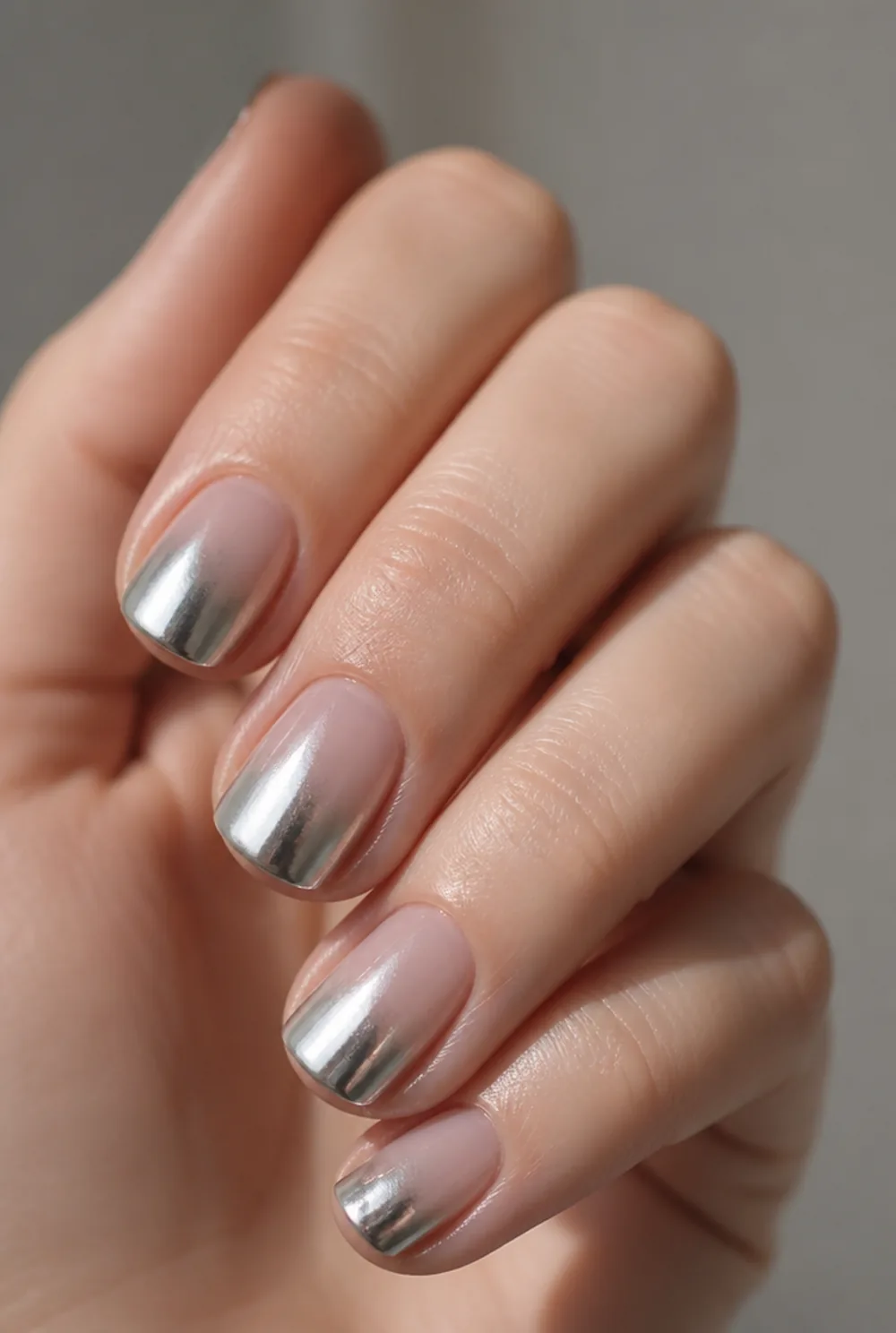 chrome ombre nail art on fair skin, short length