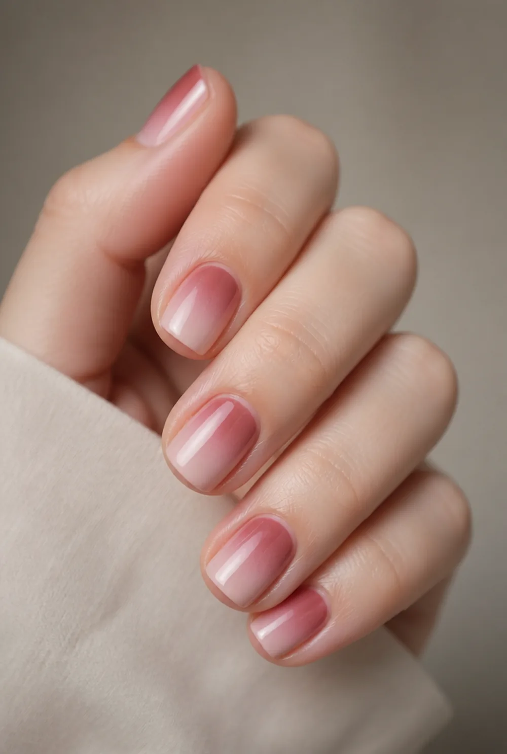 vertical ombre nail art on fair skin, short length