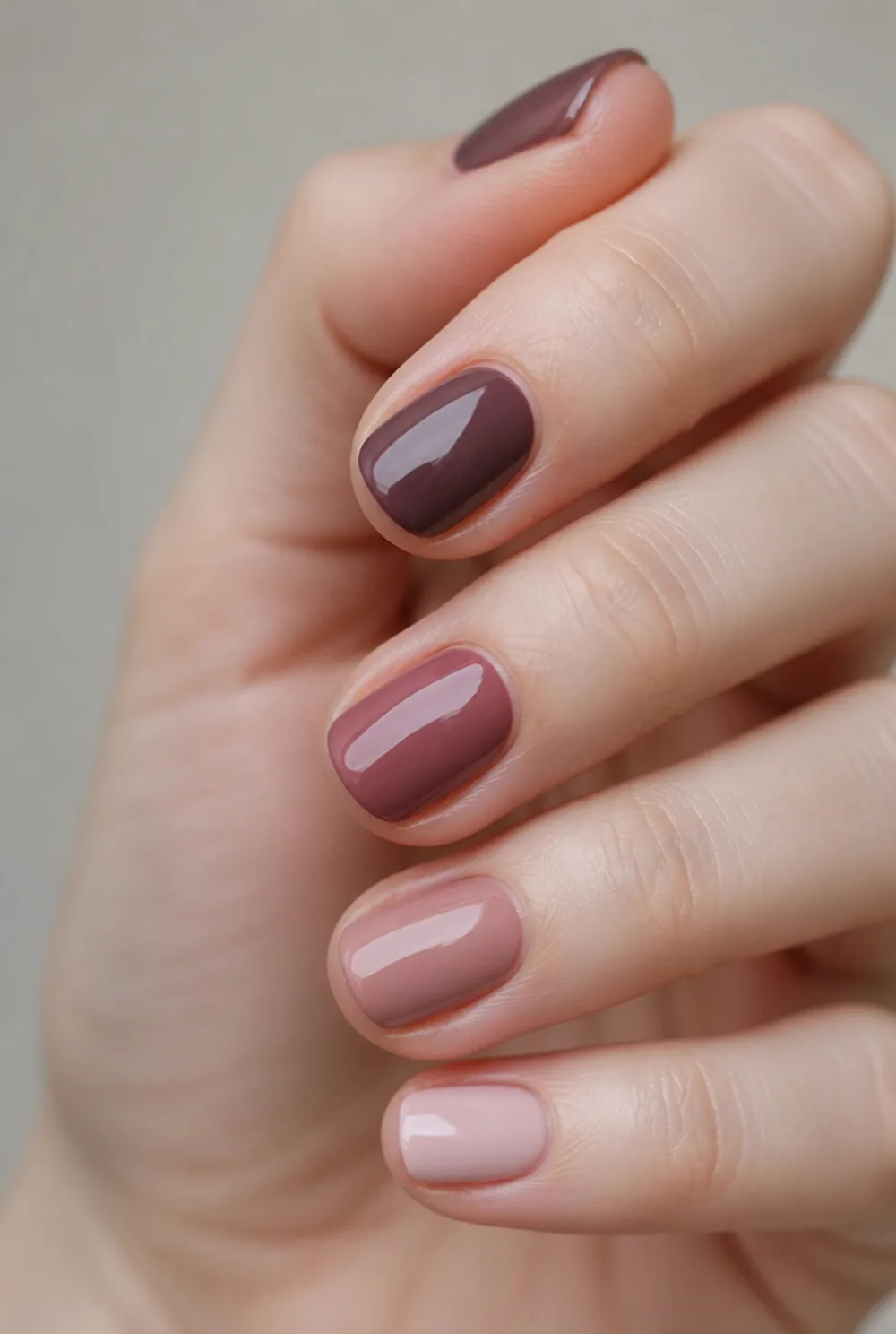 skittle ombre nail art on fair skin, short length