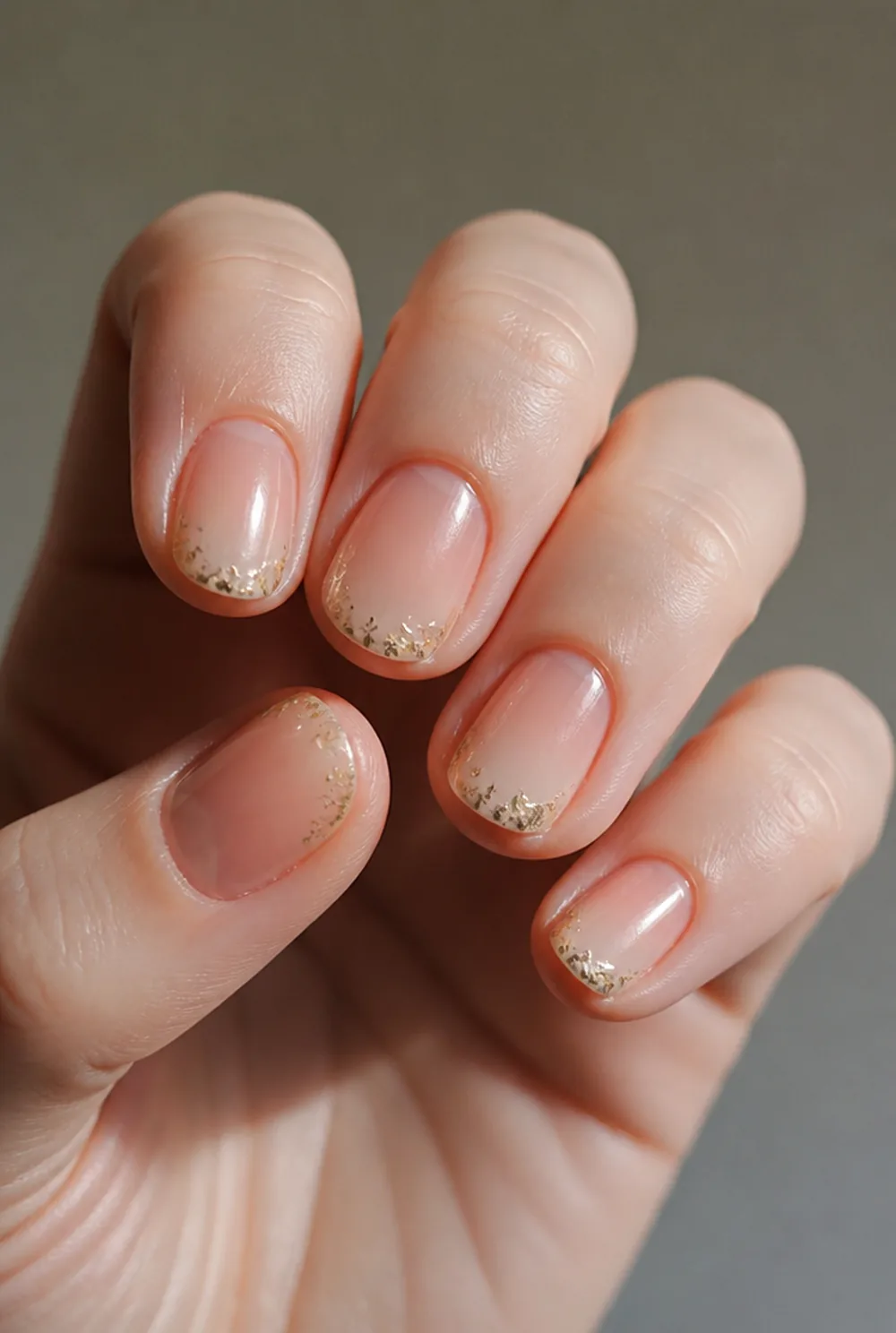 ombre with foil flecks nail art on fair skin, short length