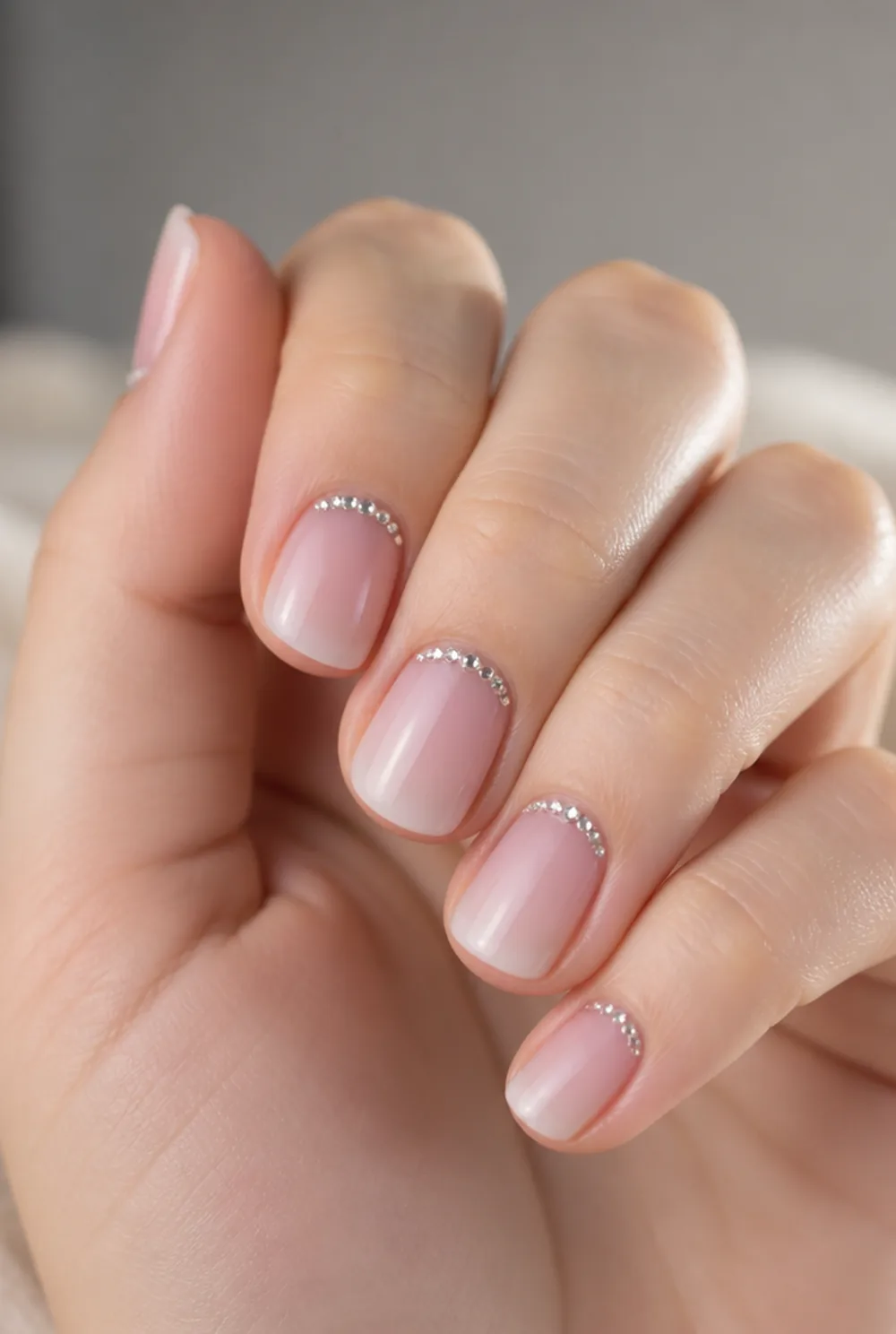 ombre with rhinestone cuff nail art on fair skin, short length