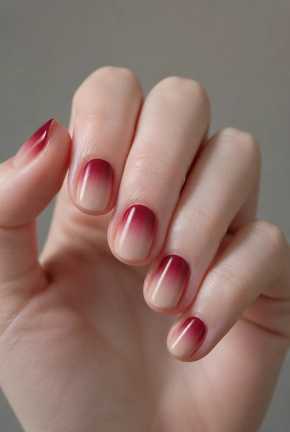 red ombre nail art on fair skin, short length