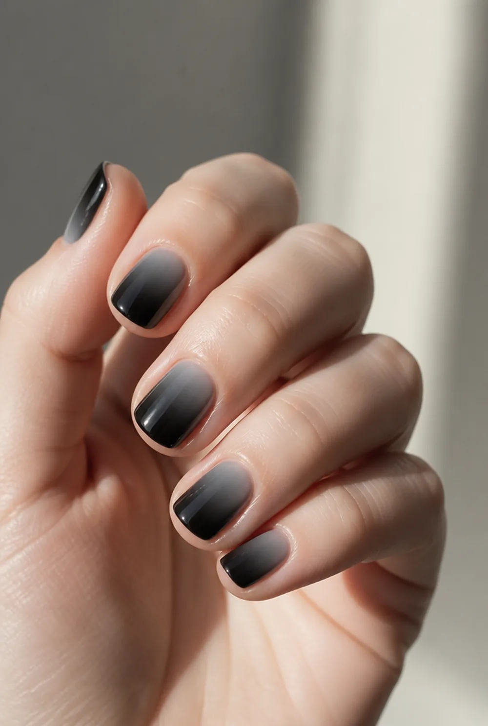 black ombre nail art on fair skin, short length