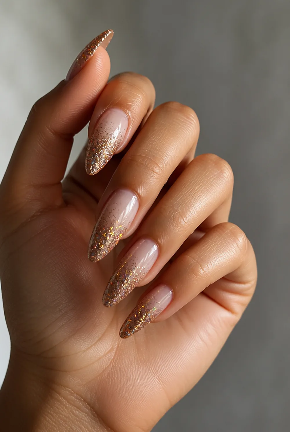glitter ombre tips nail art on olive skin, long length