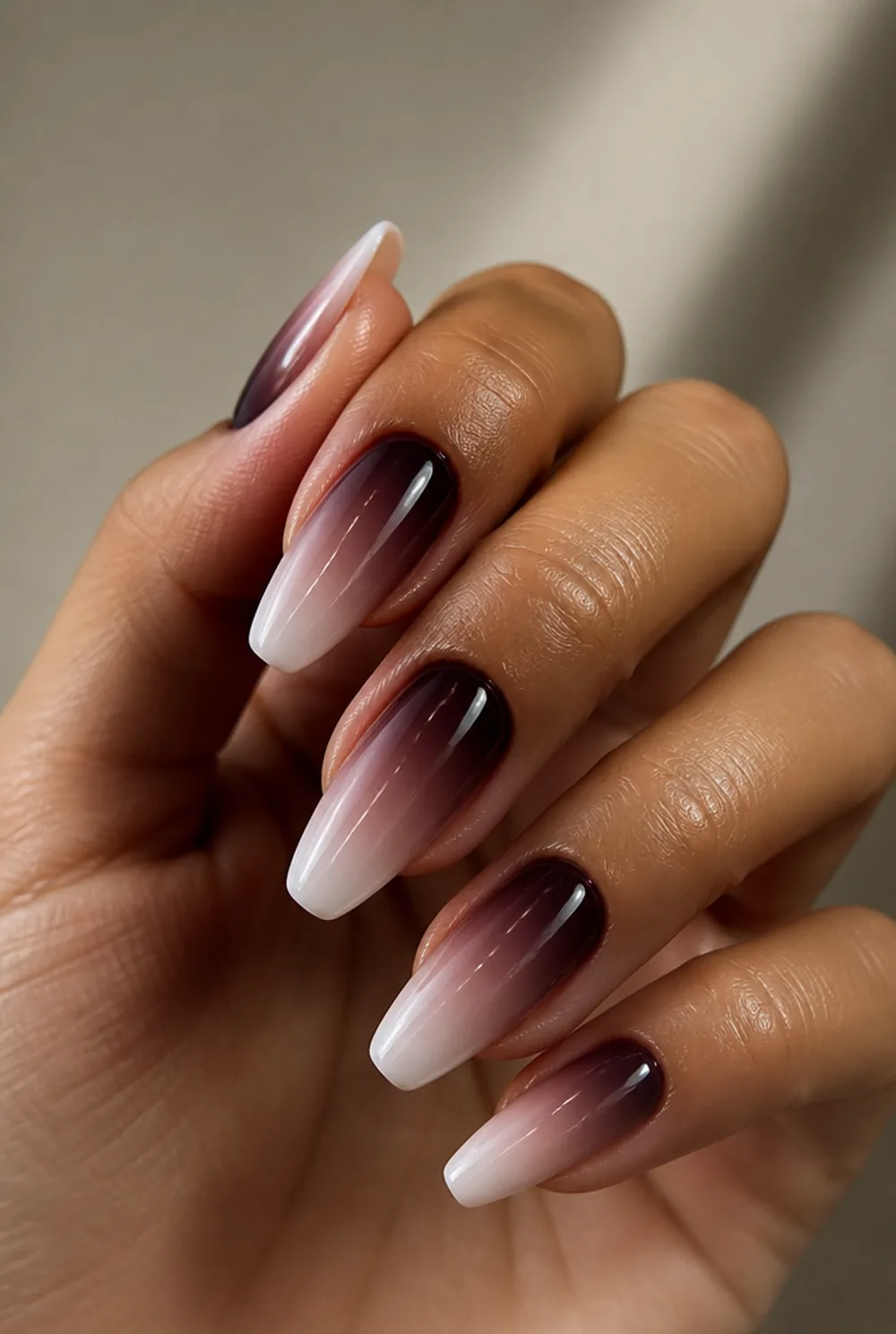 reverse ombre nail art on olive skin, long length