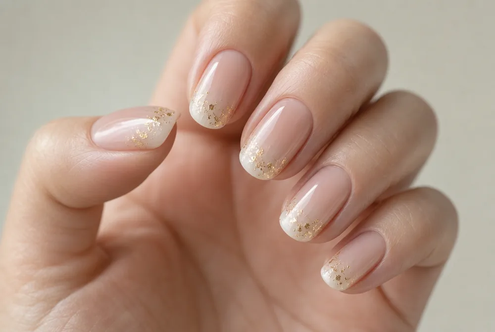 ombre nails with gold foil fleck detail at the tips