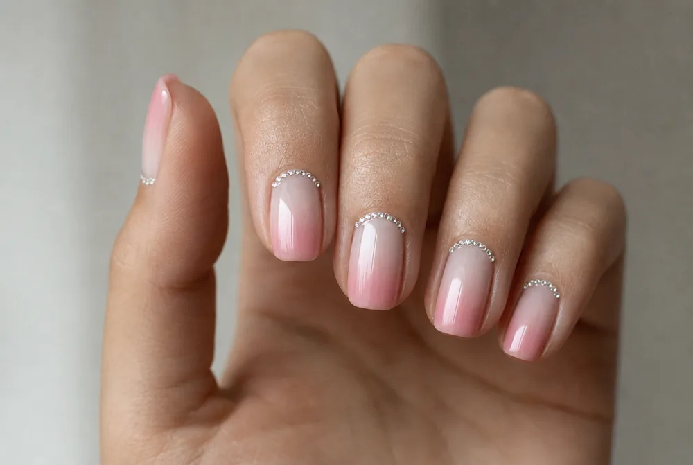 ombre nails with rhinestone cuticle detail