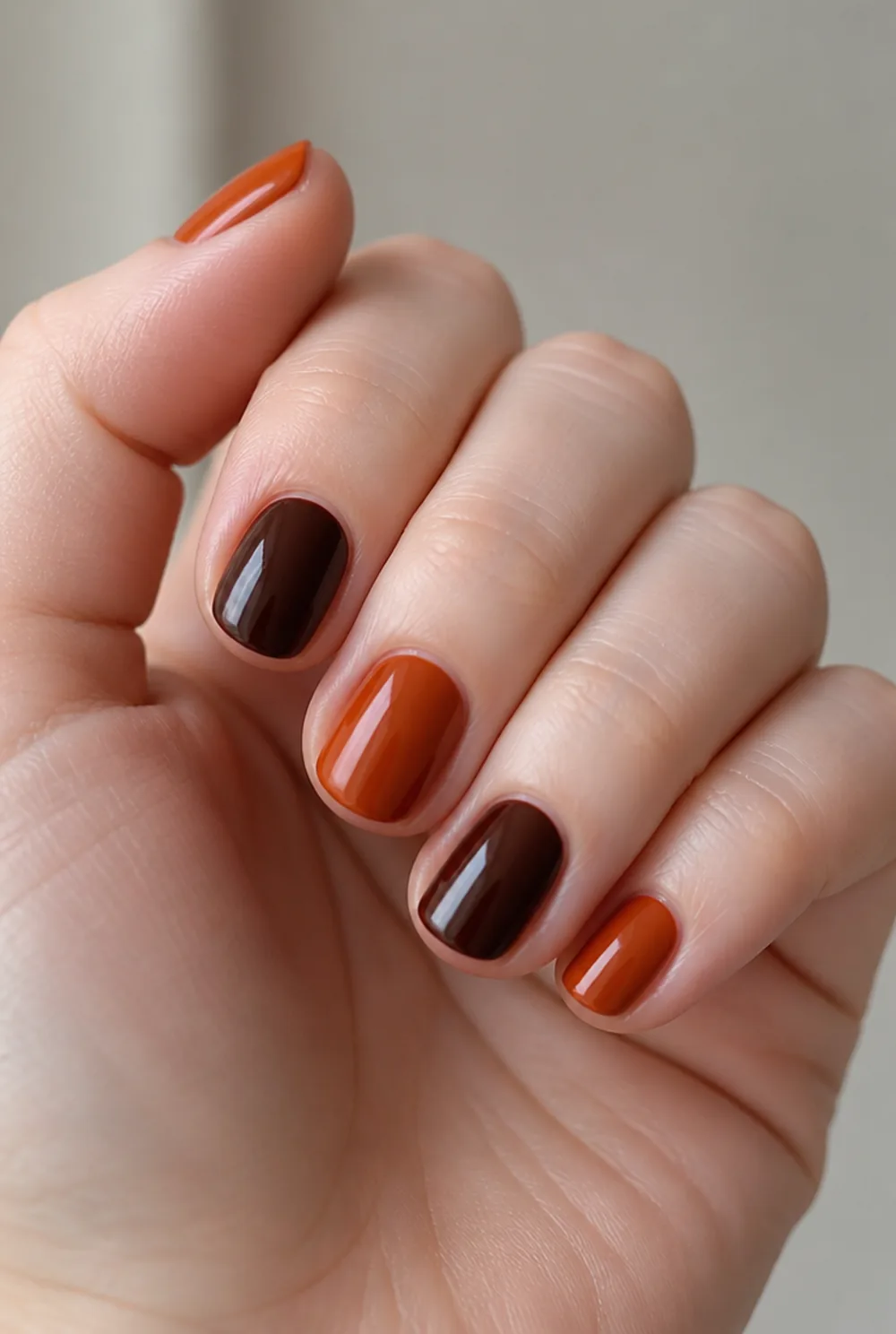 orange and brown nail art on fair skin short length - PolishedAndPrettyNails.com orange and brown nail art on fair skin, short length