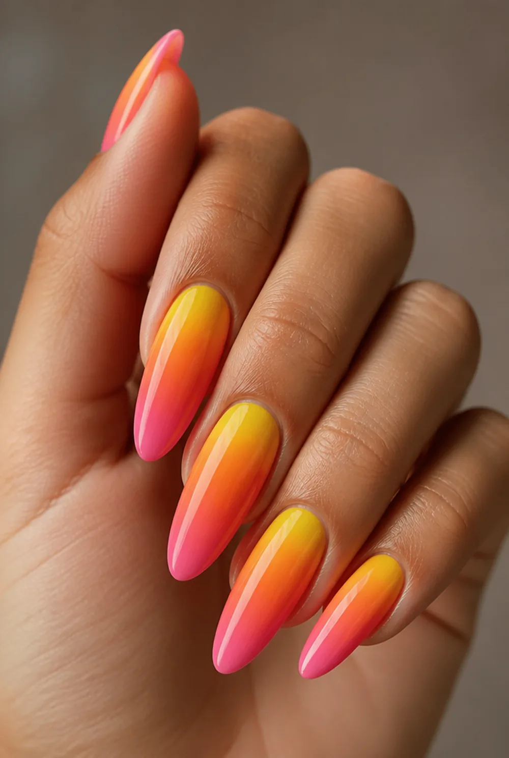 sunset ombre nail art on olive skin long length - PolishedAndPrettyNails.com sunset ombre nail art on olive skin, long length