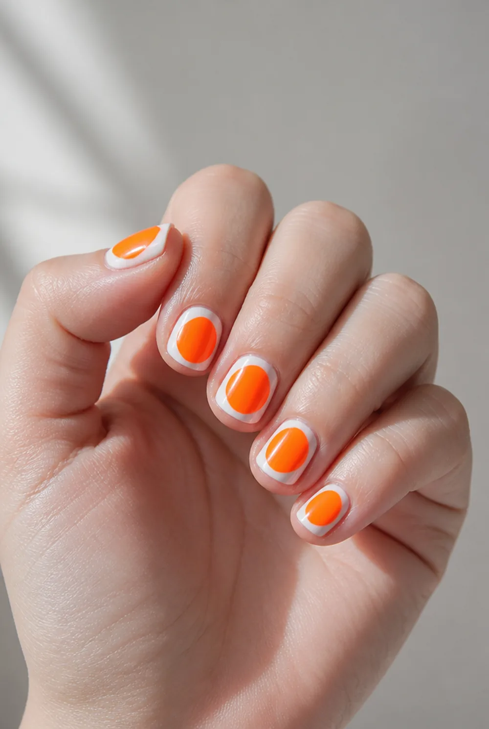 neon orange nail art on fair skin short length - PolishedAndPrettyNails.com neon orange nail art on fair skin, short length