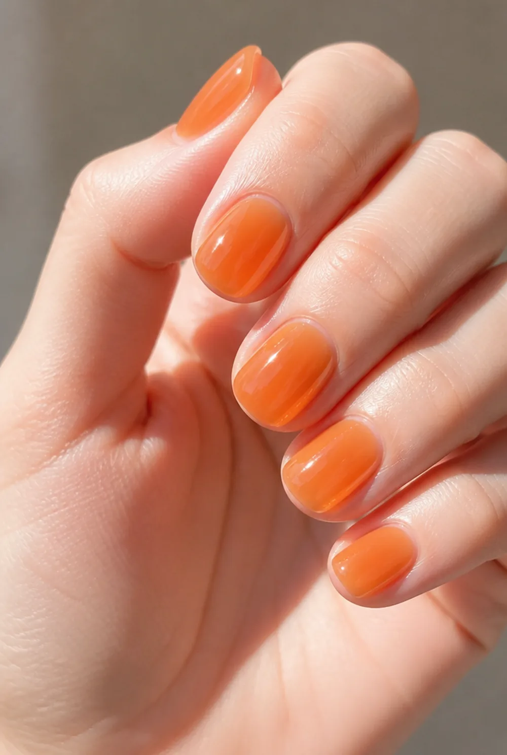 sheer orange jelly nail art on fair skin short length - PolishedAndPrettyNails.com sheer orange jelly nail art on fair skin, short length