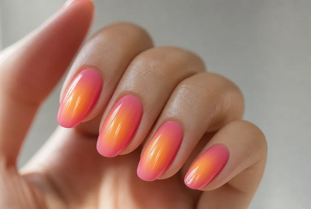 orange sunset aura nails with warm glow