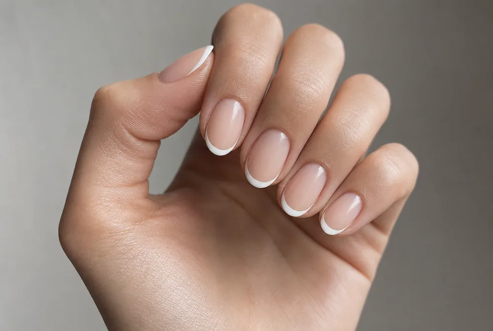 oval french tip nails with thin white smile line