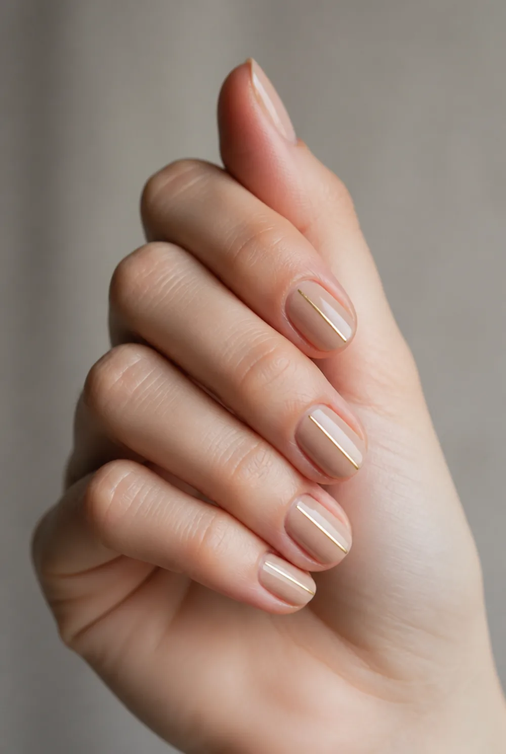 oval with one gold line nail art on fair skin, short length