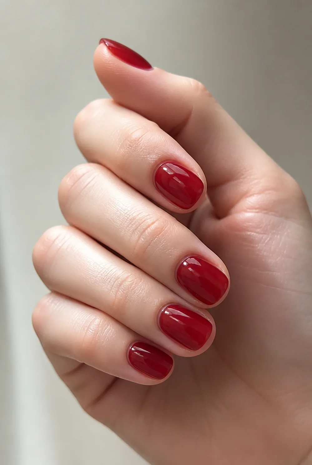 oval jelly red nail art on fair skin, short length