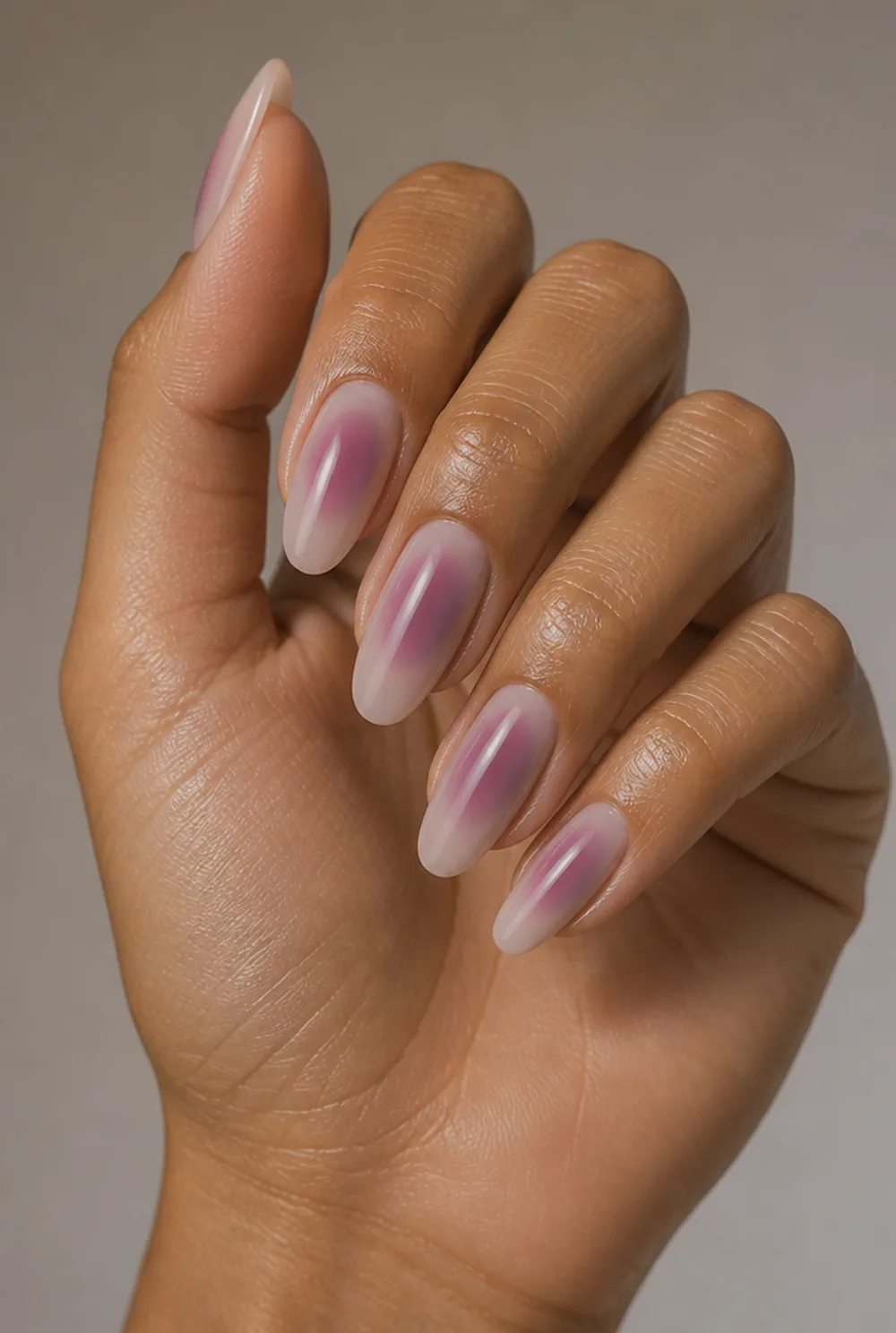 oval aura nails nail art on olive skin, long length