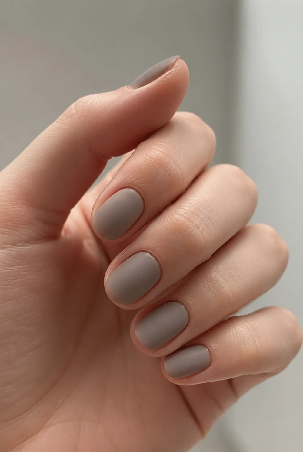 oval matte taupe nail art on fair skin, short length