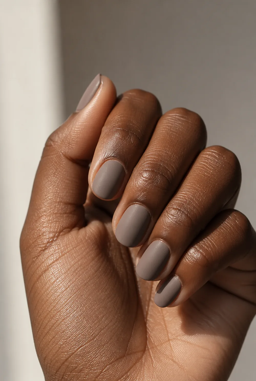 oval matte taupe nail art on deep brown skin