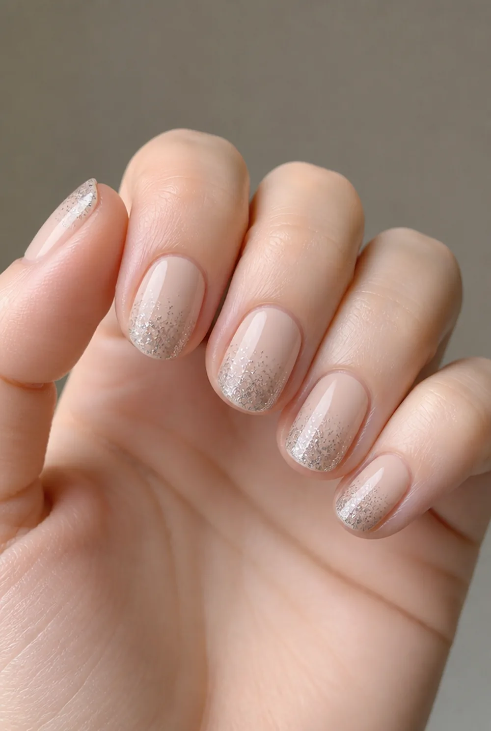 oval glitter tip nail art on fair skin, short length
