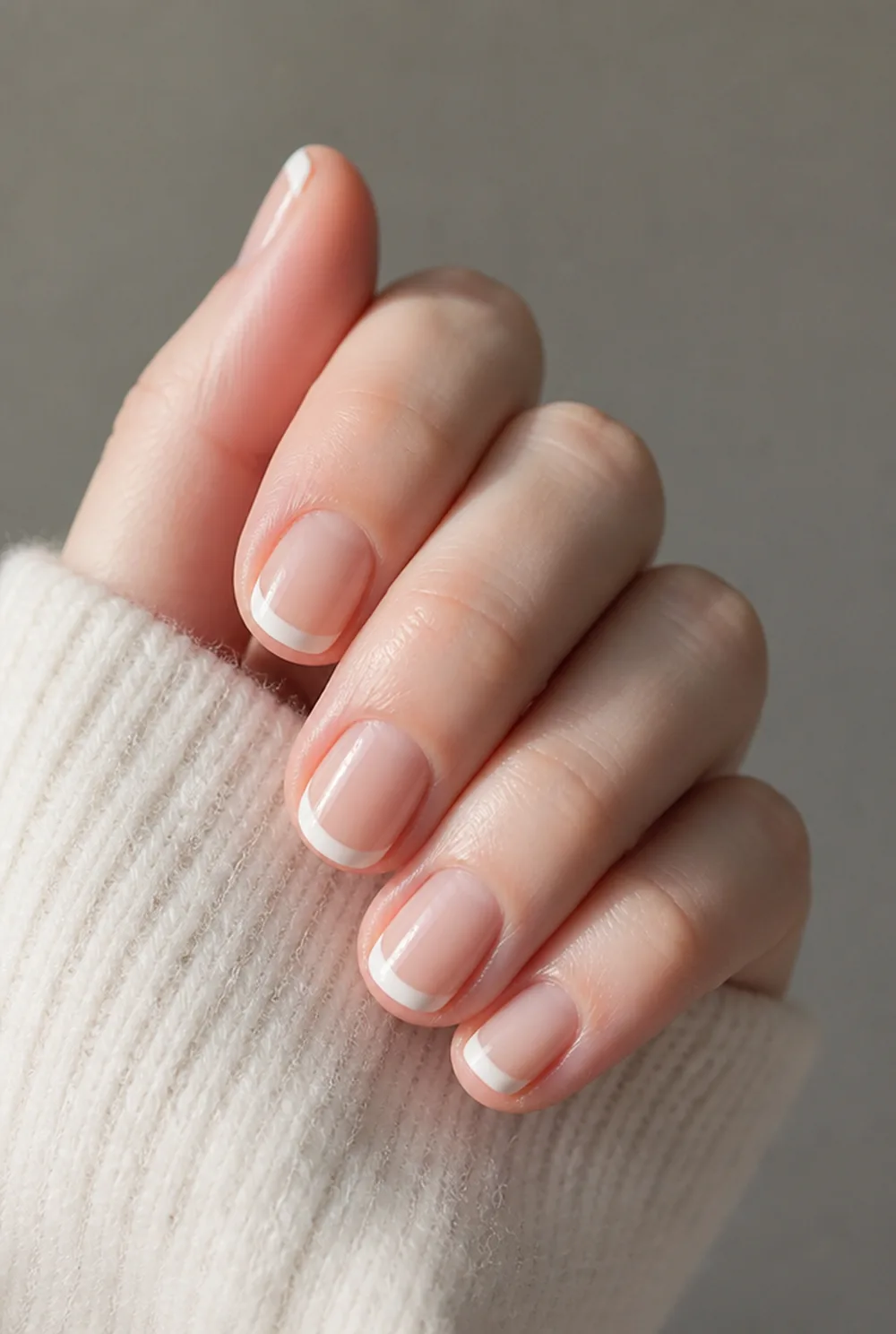 oval french tip nail art on fair skin, short length