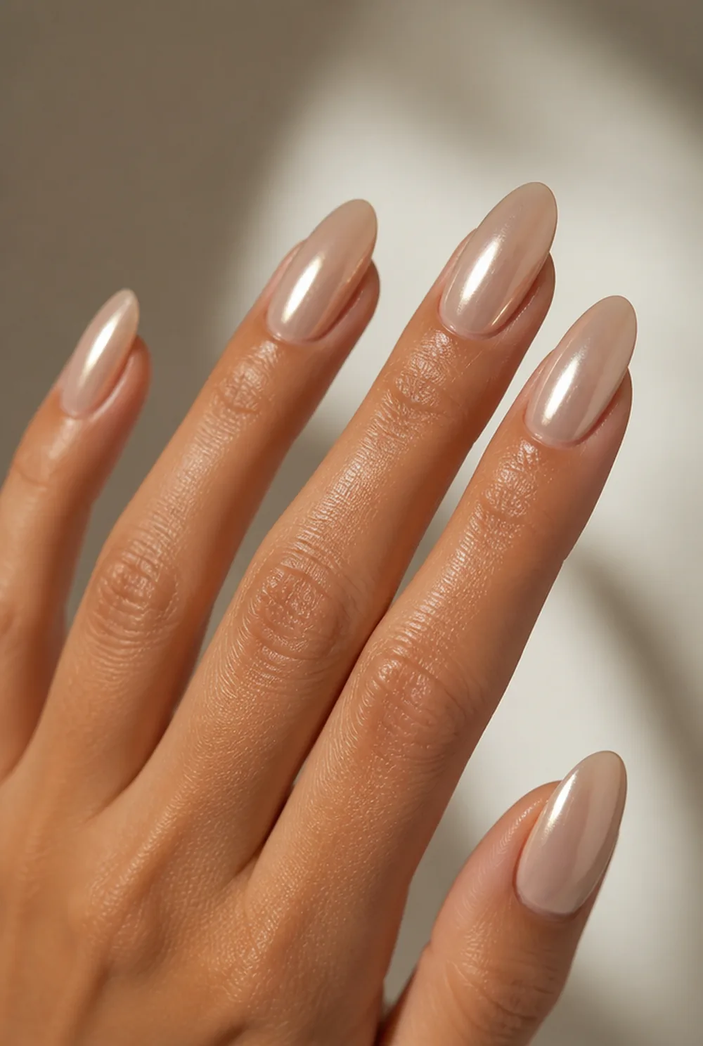 oval chrome nail art on olive skin, long length