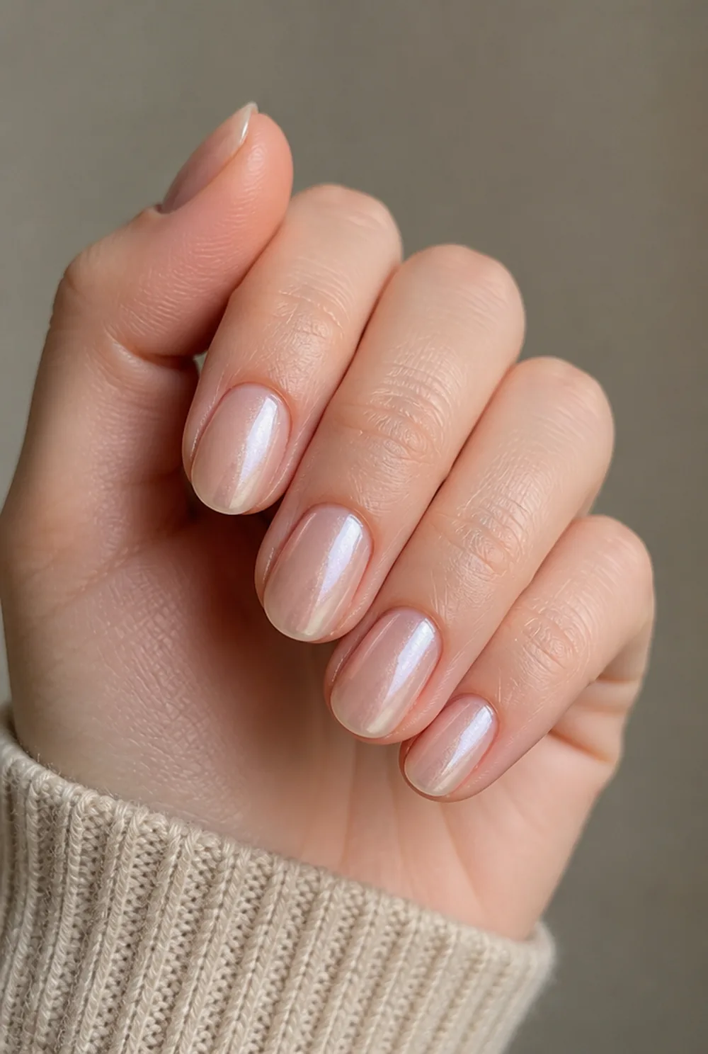 oval chrome nail art on fair skin, short length