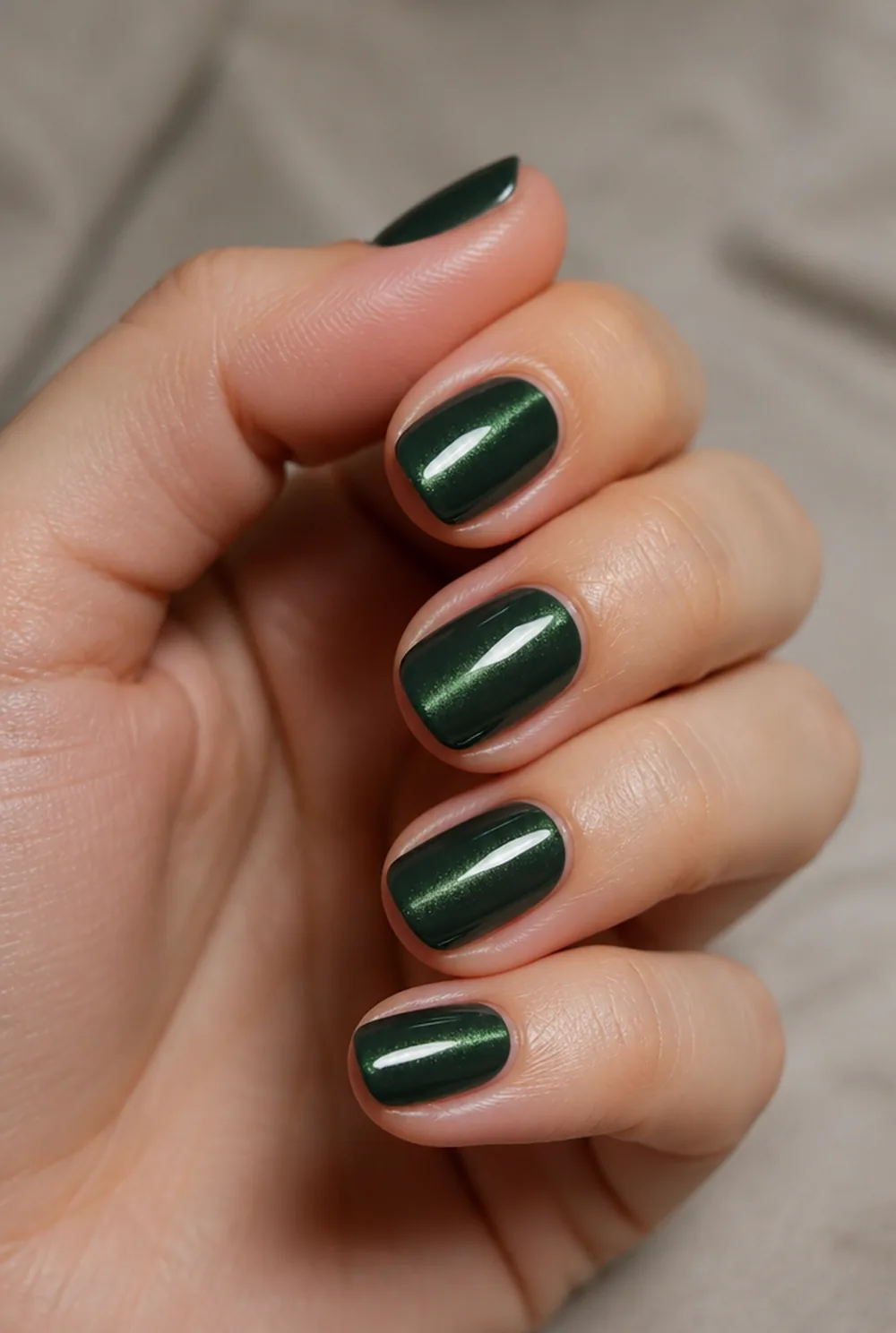 oval cat eye nail art on fair skin, short length