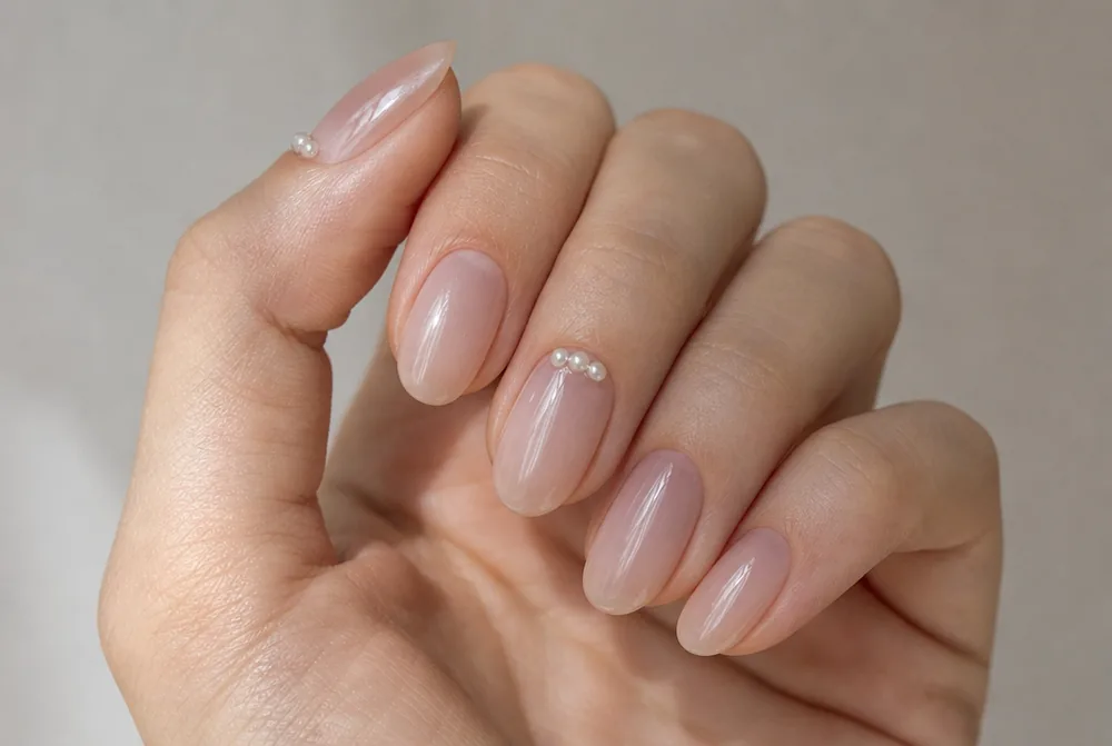 oval nails with pearl cuticle detail