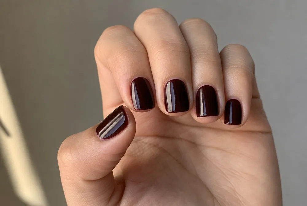 oxblood deep burgundy nails on short square nails
