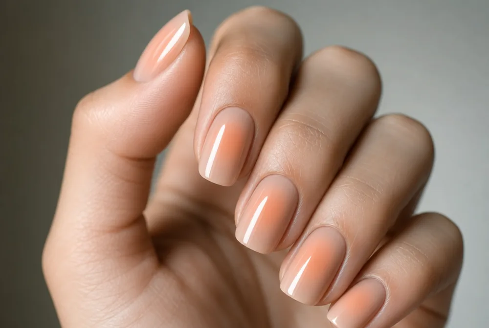 peach aura nails on warm nude base