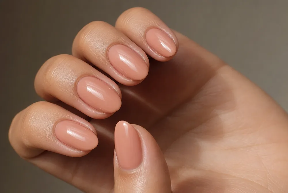 peachy nude nails on short almond shape