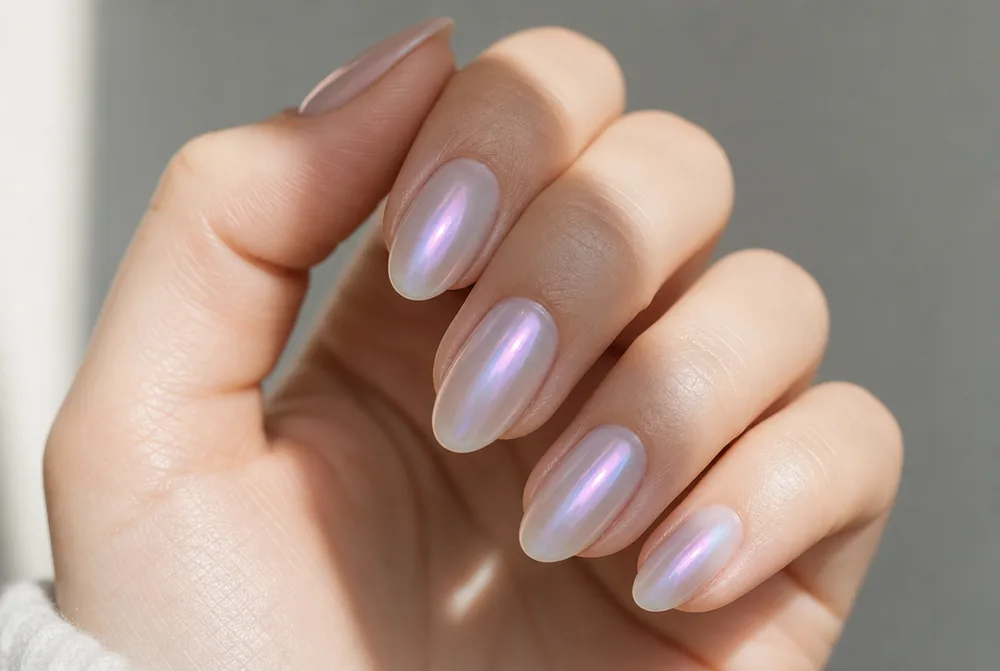 pearl glazed birthday nails with iridescent finish