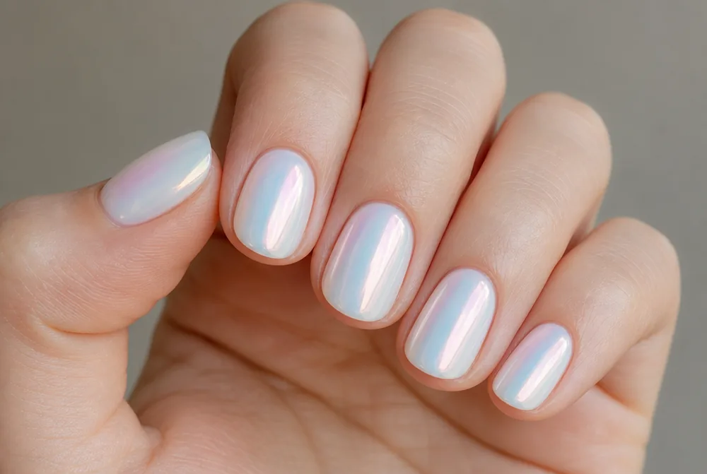 pearl glazed milky white nails with iridescent finish
