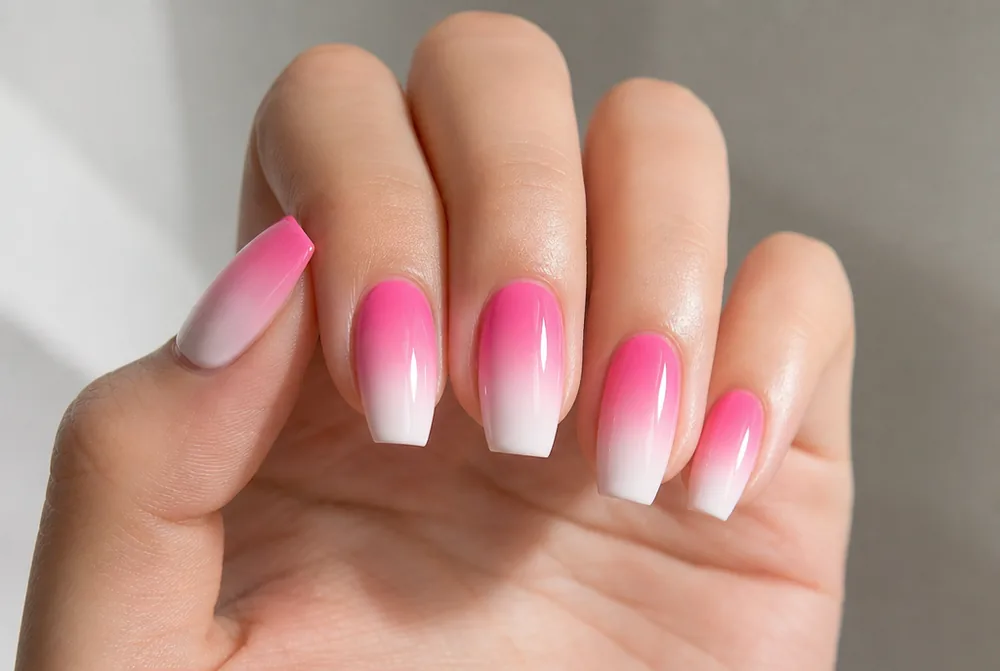 pink and white ombre nails on coffin shape