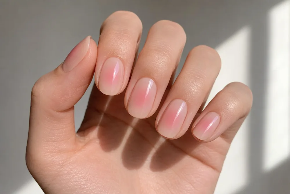 pink aura nails on nude base with blurred glow